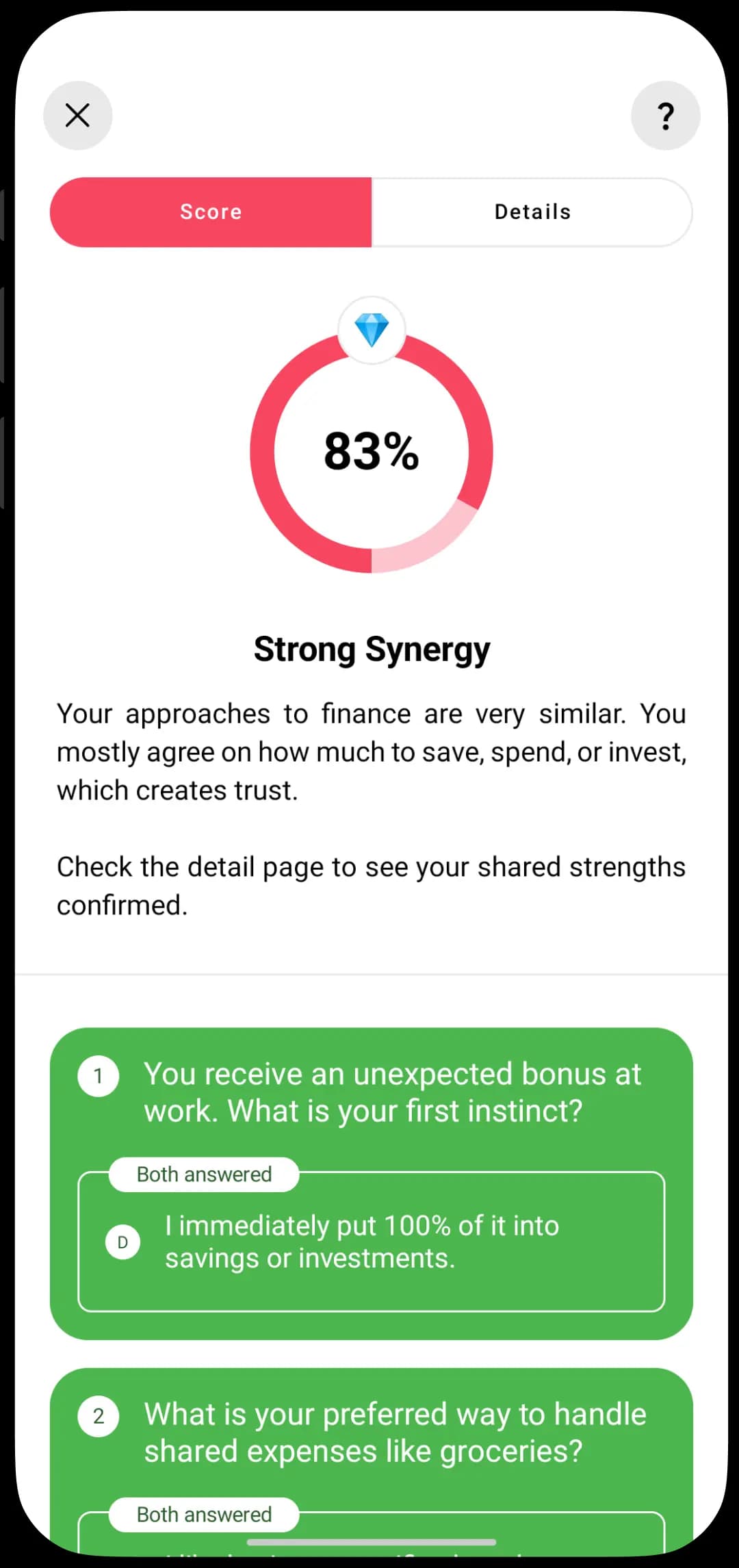 Luvy quiz result screen
